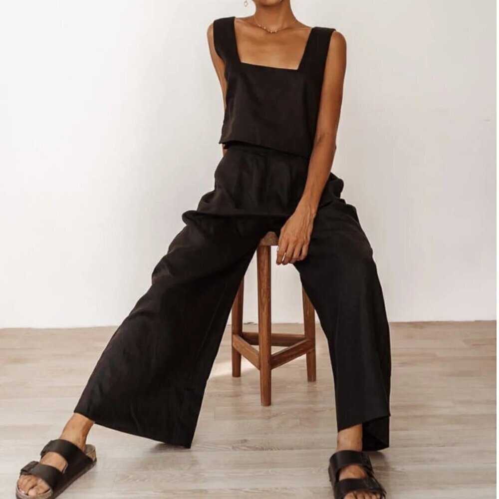 Aura the Label Sleeveless Linen Boxy Crop Top Linen | Black | XS